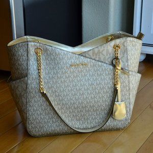 Michael Kors Vanilla Tote with Gold Chain Straps and MK Monogram